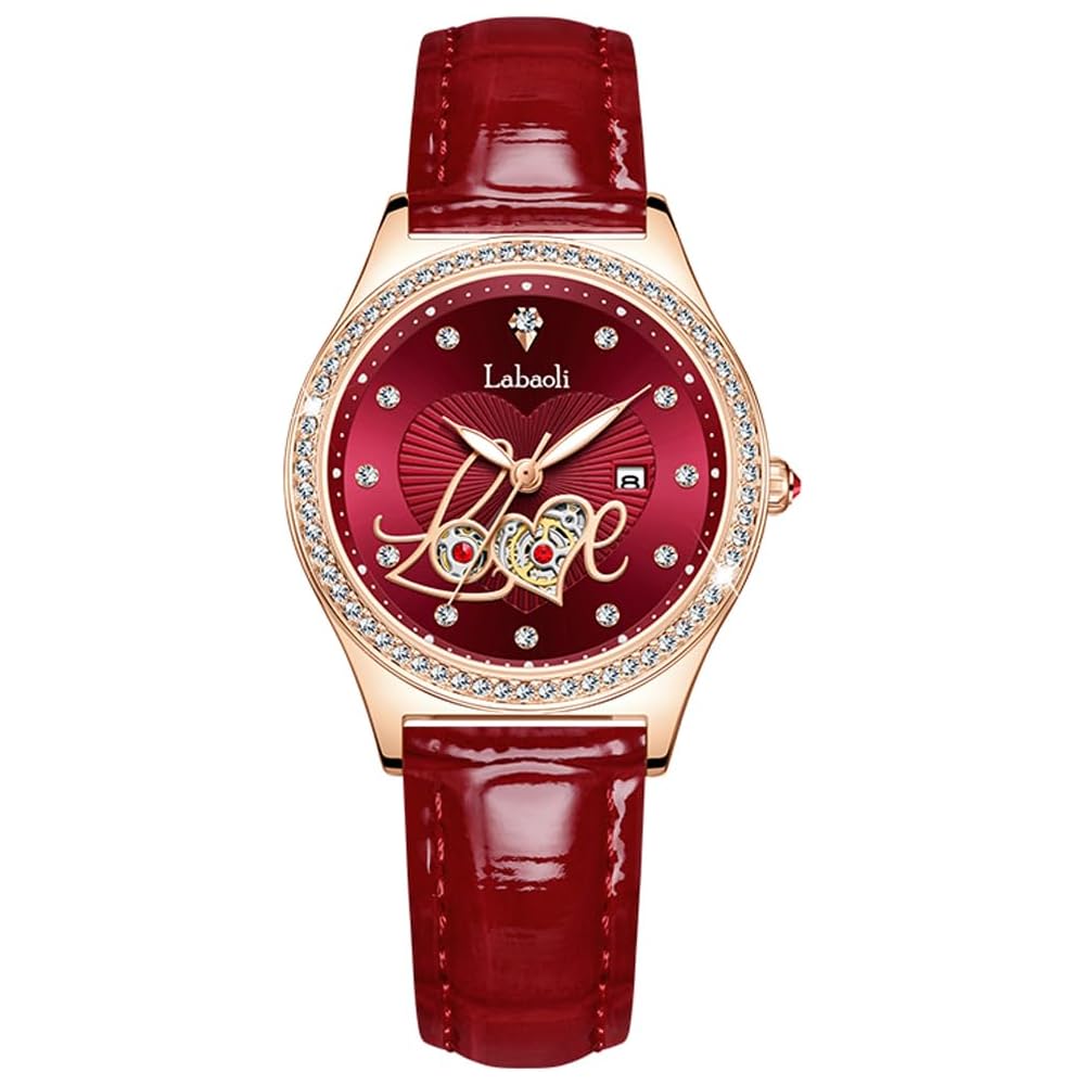 Love Watch Women s Red Leather Strap Diamond Waterproof Casual Business Watch