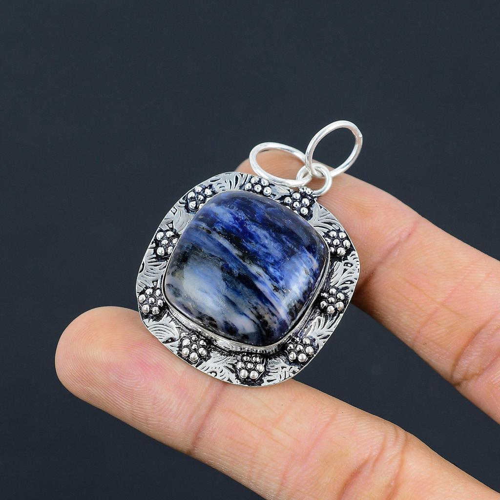 Natural Sodalite Gemstone Pendant Blue 925 Sterling Silver Indian Jewelry