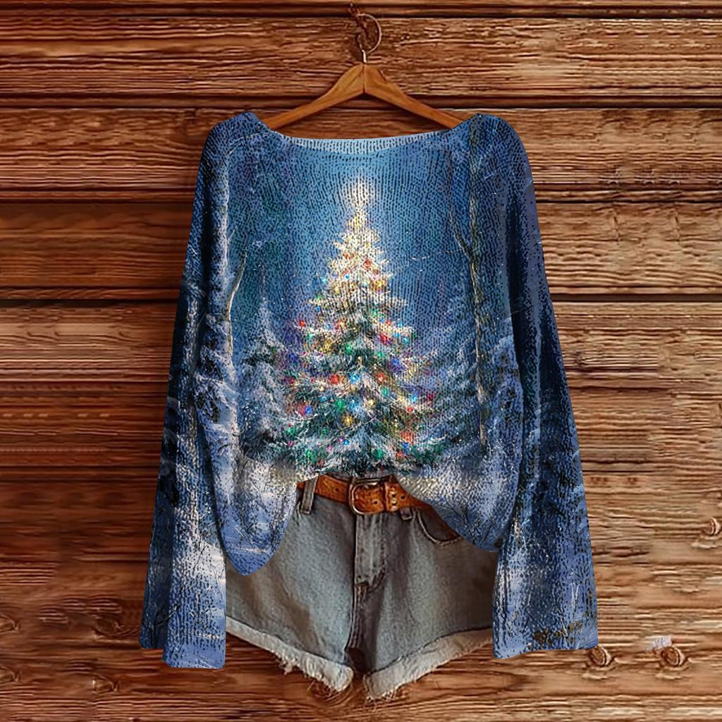 Women's Christmas Print Lightweight Sweater Casual Long Sleeve Knitted Pullover