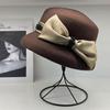 Light luxury hat women's autumn and winter wool basin hat British retro top hat women's elegant bow bucket hat