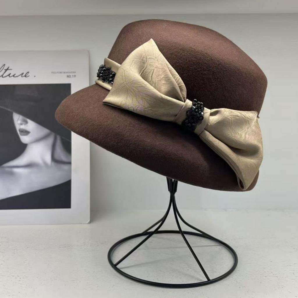 Light luxury hat women's autumn and winter wool basin hat British retro top hat women's elegant bow bucket hat