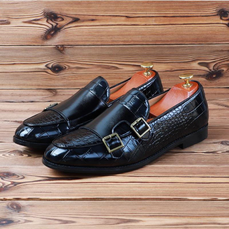 Men's Casual Business Shoes Crocodile Grain Leather Mens Classic Buckle Monk Loafers Moccasins Men Driving Party Wedding Flats
