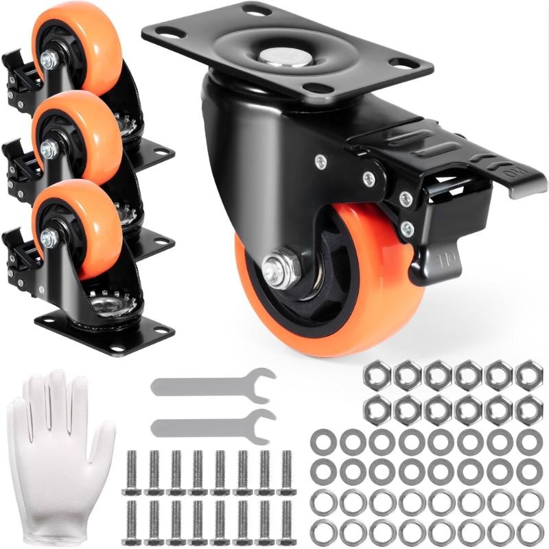 Set of 4 PVC Casters with Locking Brake Quiet & Smooth Swivels Plate Casters Set Swivels Rolling Wheel for Homes Office