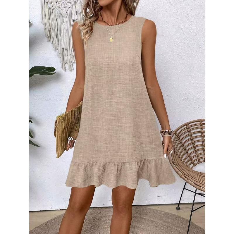 VEZFAA Women's Fashion Summer Spring Solid Color Print Sleeveless O-Neck Loose Waistlinet Casual Dresses