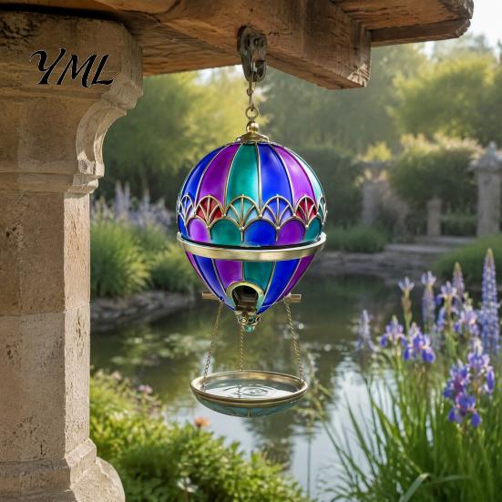 Bird Bath Feeder Hot Air Balloon Feeder, Retro Stained Glass Art with Water Patio Tray, Hanging for Outdoor Garden Backyard Feeding Station