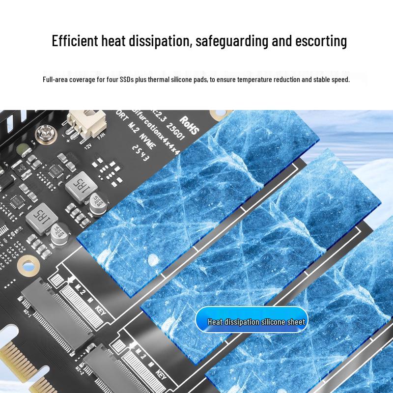 PCIe X16 Quad M.2 NVMe Expansion Card - 4-Bay RAID, Supports Software RAID, 2TB per Drive.