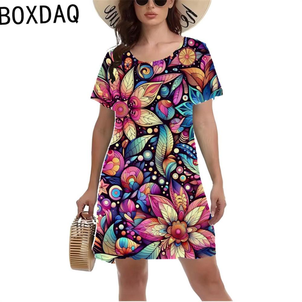 Summer Floral Print Dress Women's O-neck Short-sleeved Retro A-line Dress Colorful Flowers Seaside Holiday 3d Dress