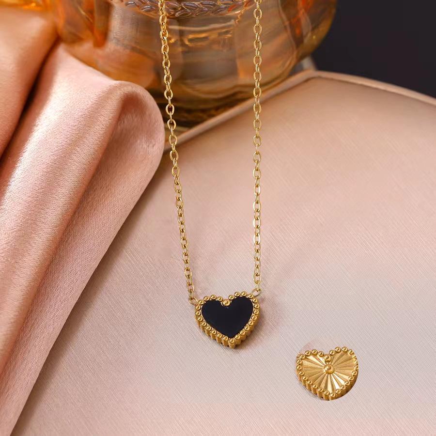 Double-Sided Heart Pendant Necklace: Mother-of-Pearl On One Side, Floral Design On the Other, Stainless Steel Clavicle Chain