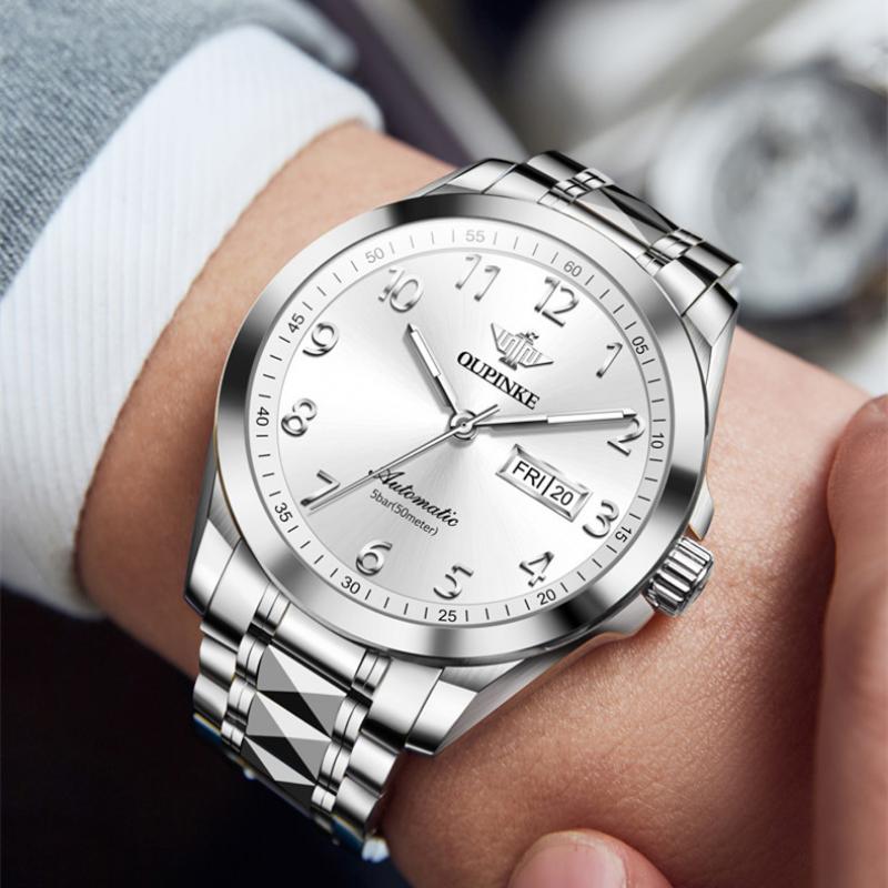 OUPINKE New Business and leisure Men's Watch Automatic Mechanical Watch Stainless Steel Business Double Calendar Anti-high-end Watch