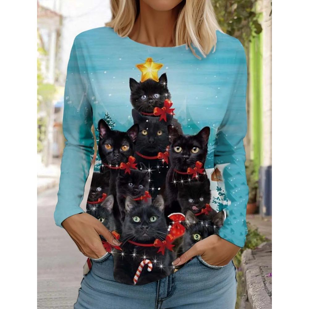 Spring and Autumn Round Neck Cat Pattern 3D Printed Top Fashionable Casual Long Sleeved Women's T-shirts