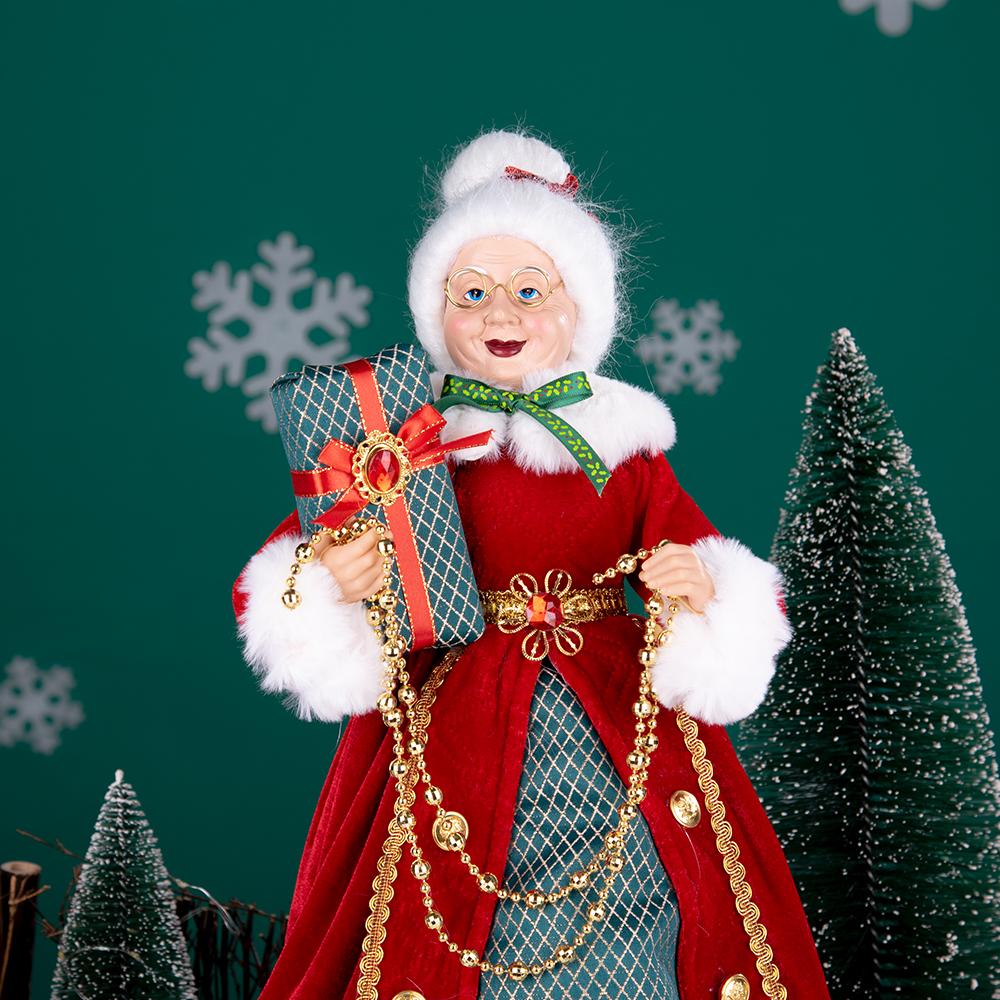 Statua di Mrs Claus in Piedi da 45 cm con Scatola Regalo, Ornamento Nonna di Natale con Vestito di Velluto Rosso