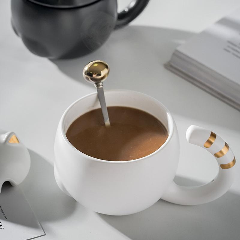 Süße Katze Kaffeetasse Geschenke für Katzenliebhaber Keramiktasse Neuheitstasse mit Deckel und Löffel Weihnachts-Geburtstagsgeschenke Geschenk für Kinder