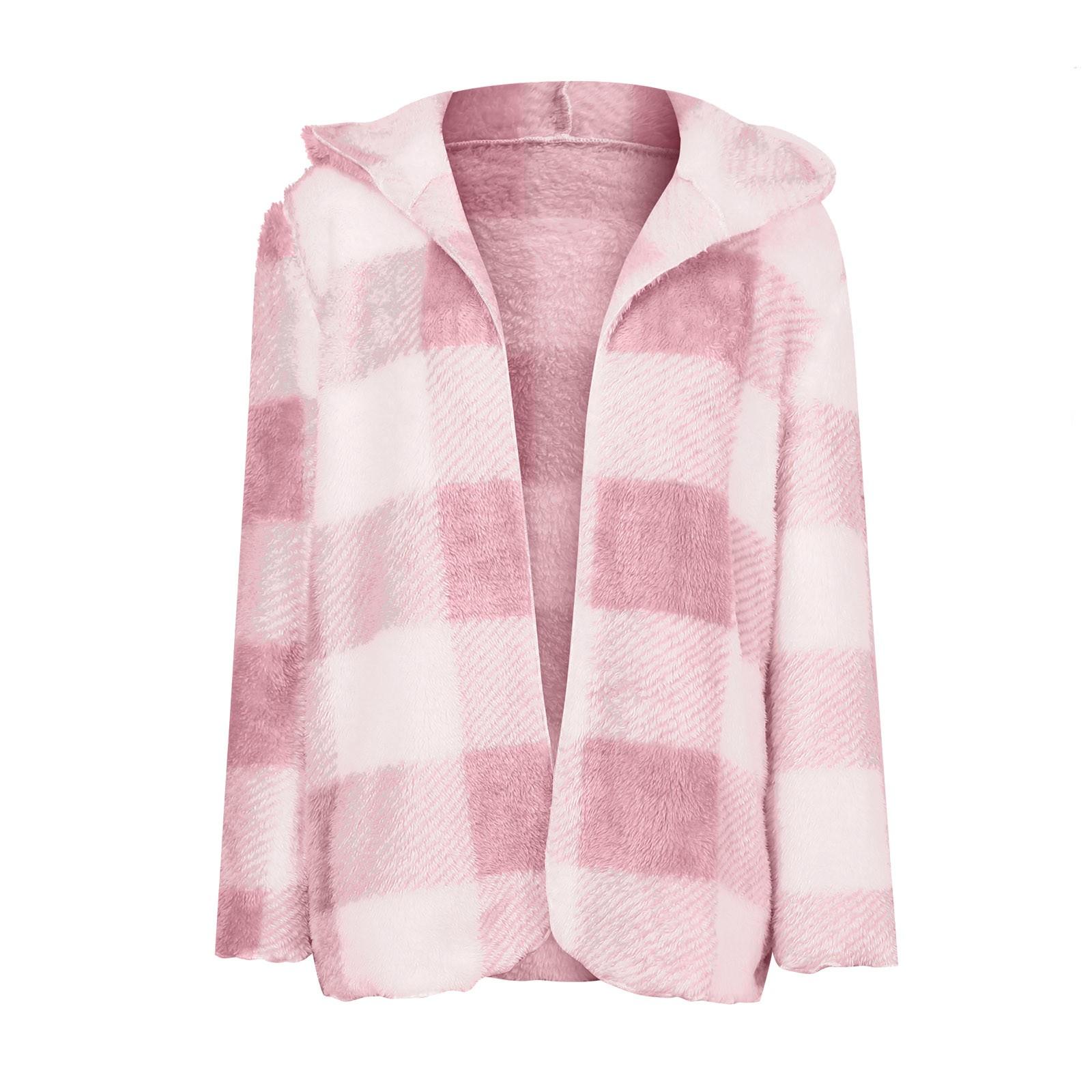 

Женская клетчатая шерстяная плюшевая куртка с капюшоном, повседневная куртка с длинными рукавами и карманами в стиле колор-блок XL розовый