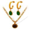 18K Gold Tiger Eye Oval Necklace & Earrings Set - Elegant French Clavicle Jewelry for Women
