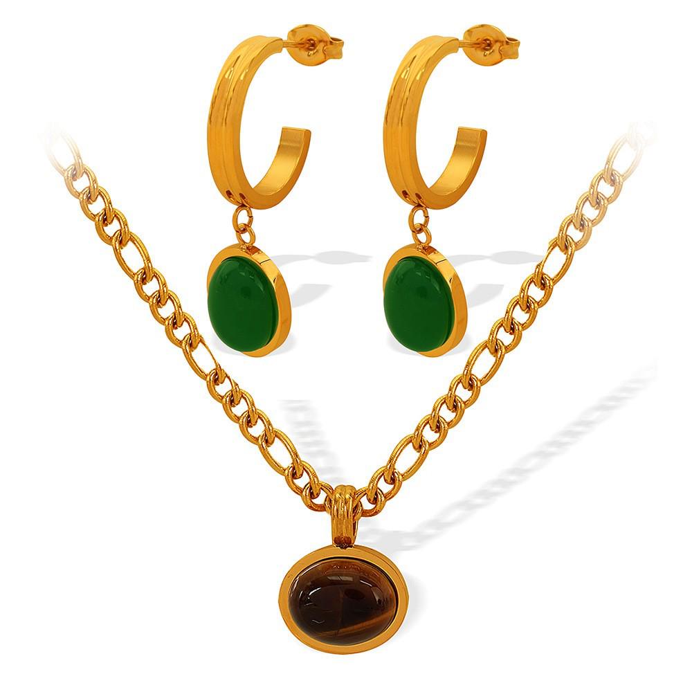 18K Gold Tiger Eye Oval Necklace & Earrings Set - Elegant French Clavicle Jewelry for Women