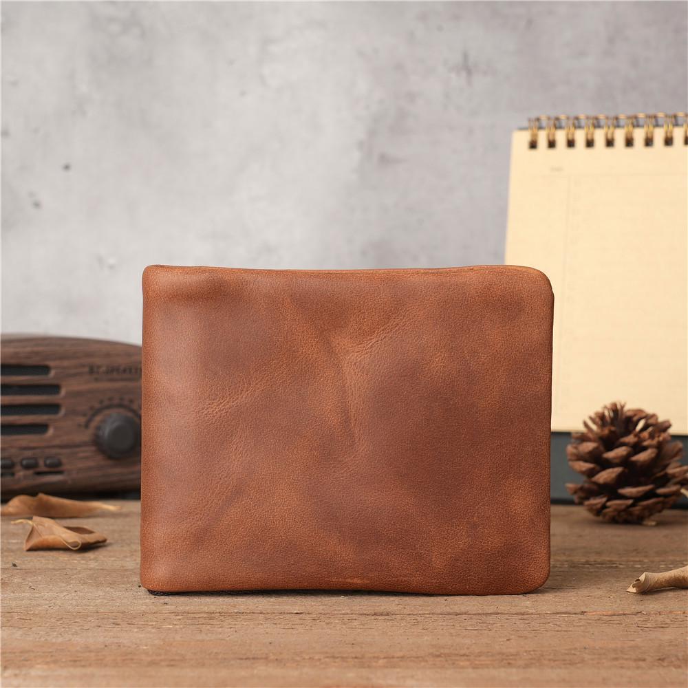 1147 Vintage Minimalist Crazy Horse Leather Wallet - Distressed Cowhide Zipper Design for Men & Women.