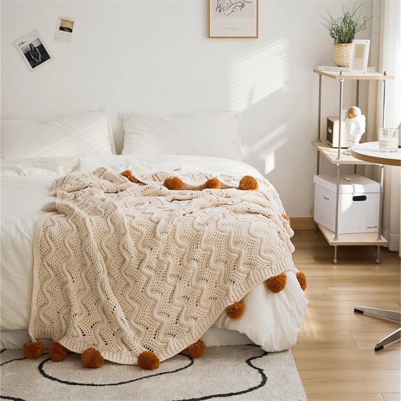 Ruijing Four Seasons Nordic Pom-Pom Chenille Knit Blanket & Cushion Set