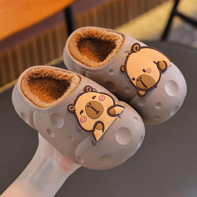 Autumn and Winter Children's Cotton Slippers for Both Boys and Girls, Warm and Plush Waterproof, Medium and Large Children's Bags with Cotton Heels