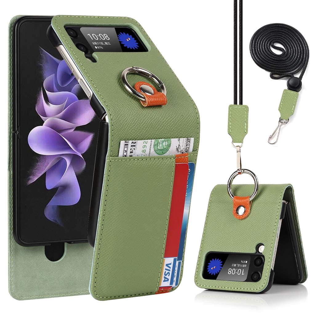 Ring Holder Genuine Leather Wallet Phone Case for Samsung Z Flip 4 3 5G Card Solt Crossbody Lanyard Shockproof Flip4 Flip3 Cover
