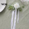 Easy Install Car Flowers Wedding Door Handle Flower with Ribbon Tie And Green Leaves, White Artificial Full Set Trim Rose Rearview Mirror Bouquet for