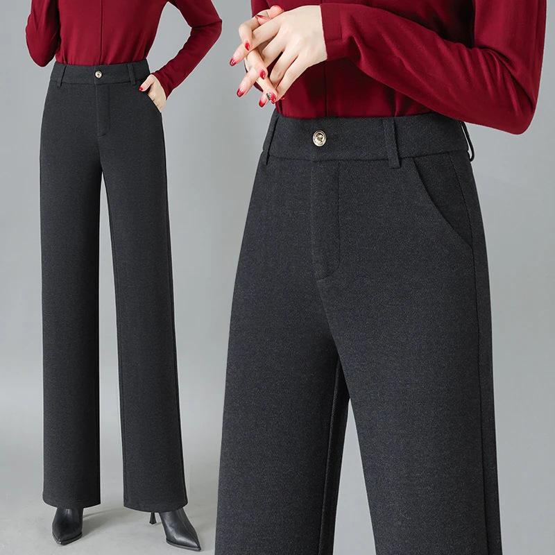 Merino Wool High-Waist Herringbone Slimming Pants - Fleece-Lined Straight & Wide Leg for Autumn/Winter 2024
