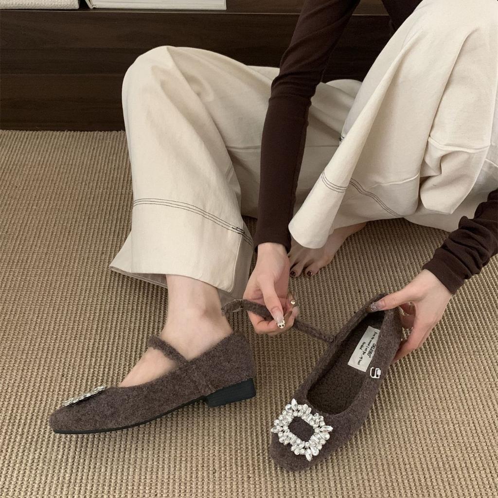 Xiaoxiangfeng woolen rhinestone square head fluffy Mary Jane shoes women's autumn and winter velvet cotton shoes middle heel ladyshoes women's singl