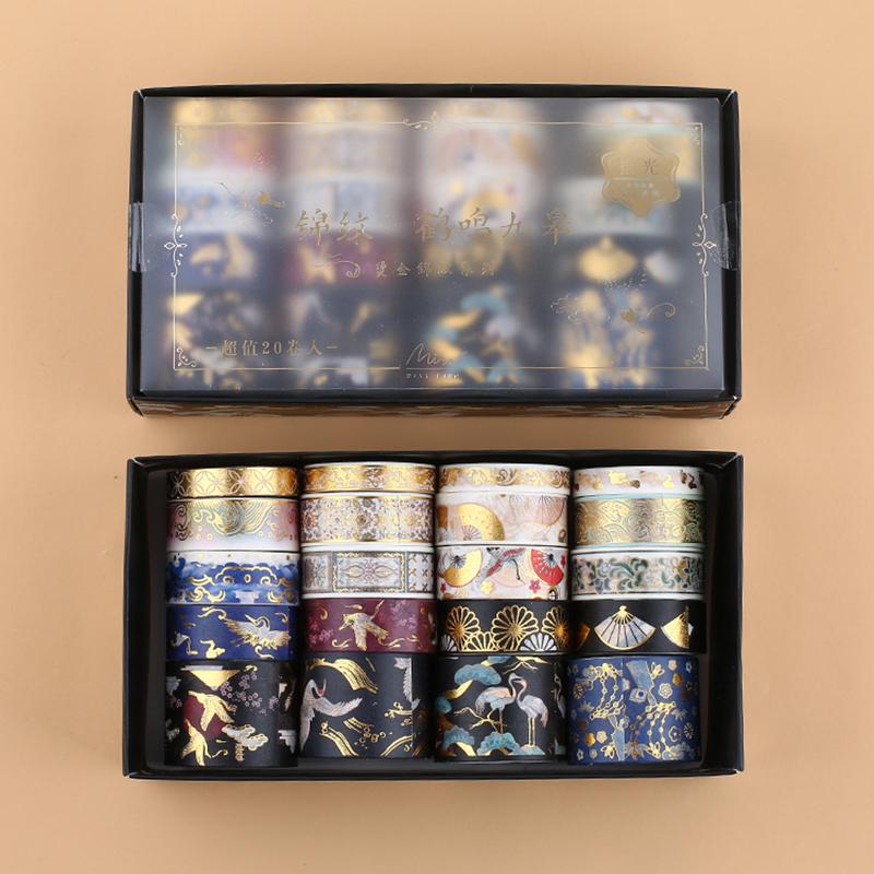 20pcs Vintage Gold Foil Washi Tape Set Crane Cosmic Fantasy Sakura Flower Adhesive Masking Tapes DIY Decoration Sticker A6157