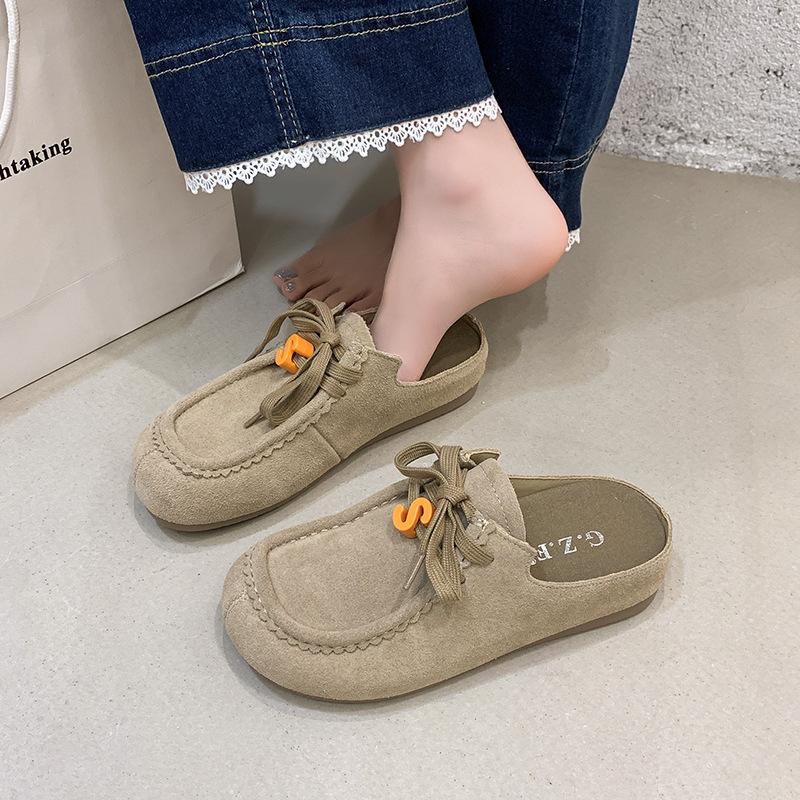 2025 autumn new round bag head solid color versatile fashion style women's one-pedal lace-up thick-soled slippers