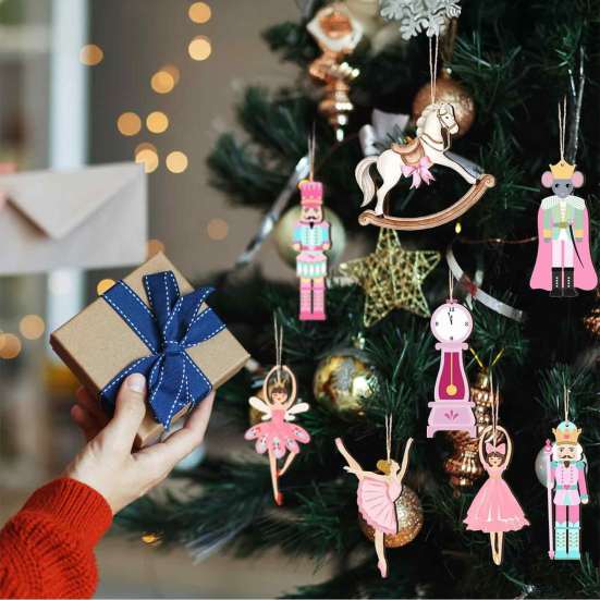 Handmade Christmas Tree Charms 10/20/30Pcs Nutcracker Wooden Ornaments, Pink Watercolor Hanging Decor with Cute Ornament Set for Kids Ballerina, Horse