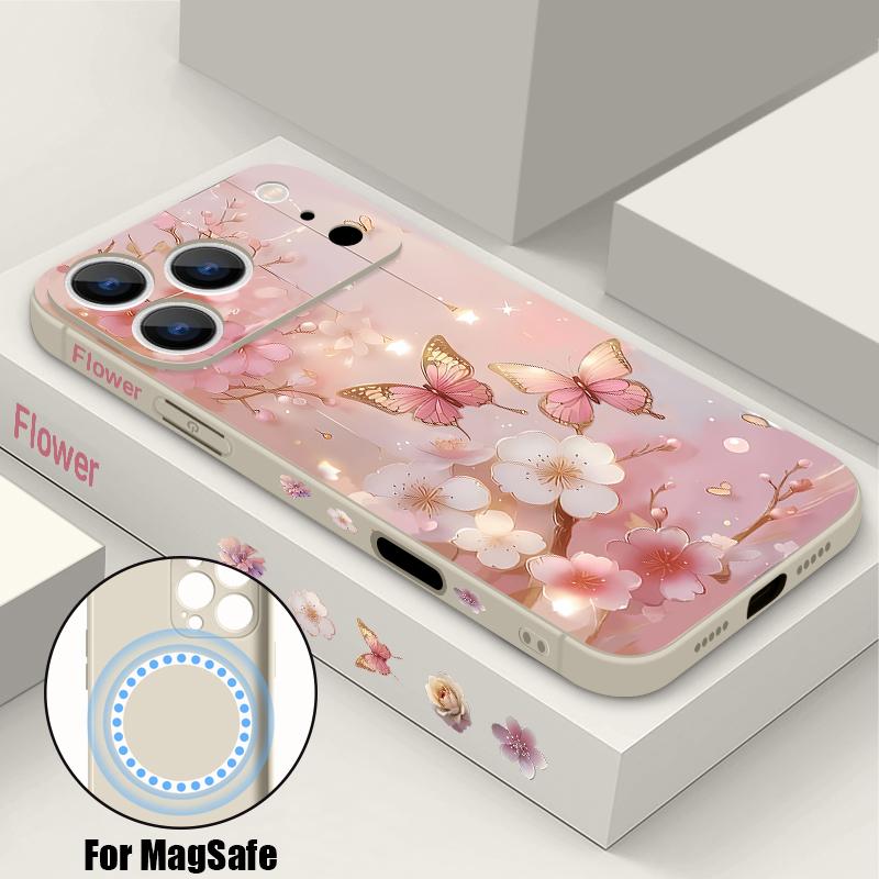 For iPhone 17 Pro Max Case Dream Butterfly Floral Pattern Magnetic For Magsafe Silicone Cover For iPhone 16 Pro Max Funda iPhone 15 14 13 12 11 16E