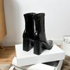 Niedrig geschnittene glänzende Damen-Lederstiefel, dicker Absatz, eckige Zehenpartie, High-Heel-Stiefel, Herbst und Winter, Lackleder, kurze Stiefel