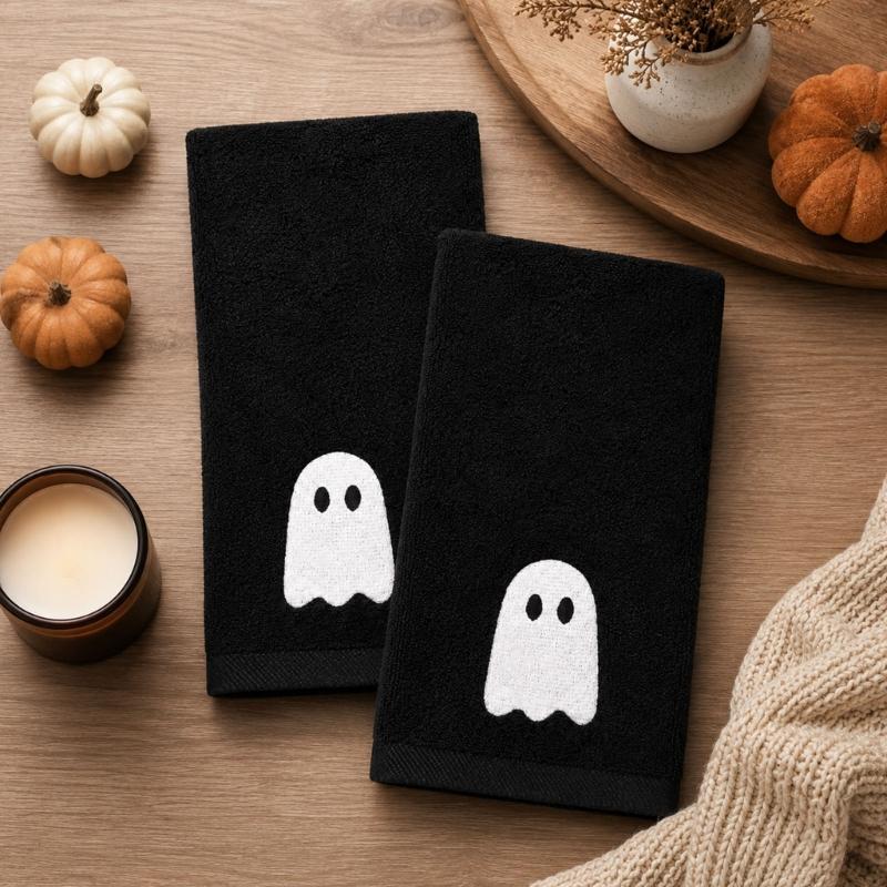 Bathroom Towel Accent Set, Black and White Ghostly Design Hand Towels in Two Piece Soft Polyester Pair for Guest Bath Use, Daily Drying, and Halloween