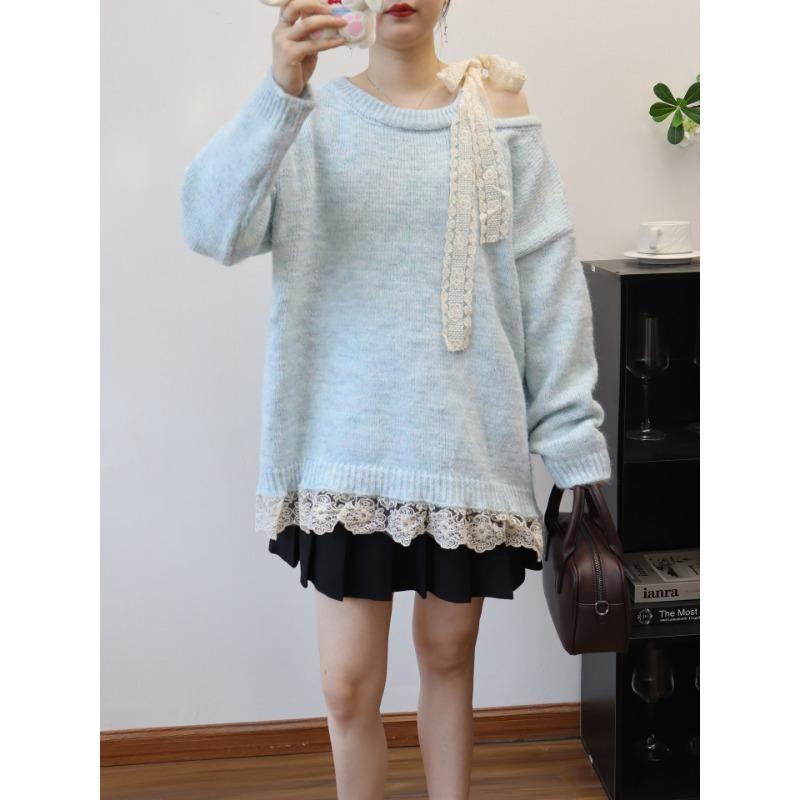Premium lace lace-up bow knitted sweater top autumn and winter new off-the-shoulder sweater pullover women