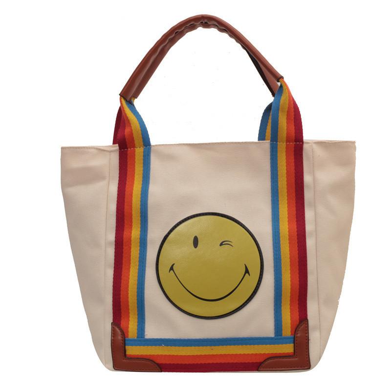 Large Capacity Canvas Tote Bag Cute Smiley Face Print Fresh And Sweet Style