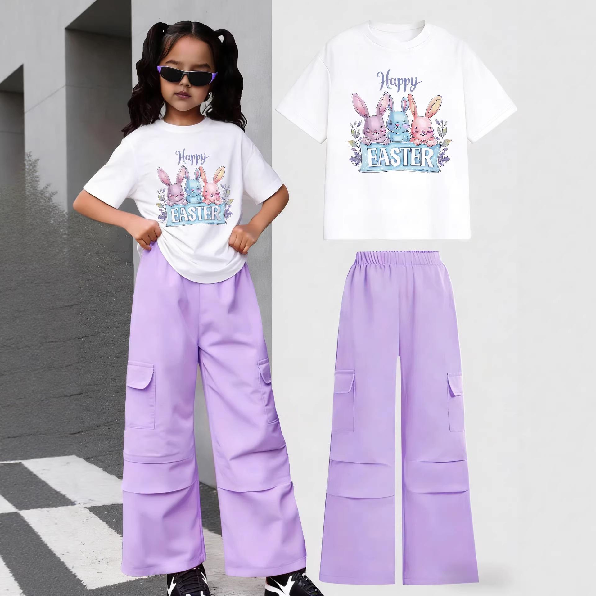 Girls Casual Short-sleeved Work Pants Set for Summer, Children s Fashionable Easter Cartoon Print Two-piece Set 8Y
