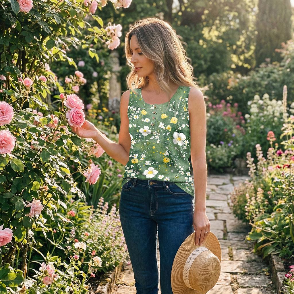 Sleeveless Floral Print Tank Top Casual Round Neck Button Relaxed Fit Lightweight Women’s Shirt