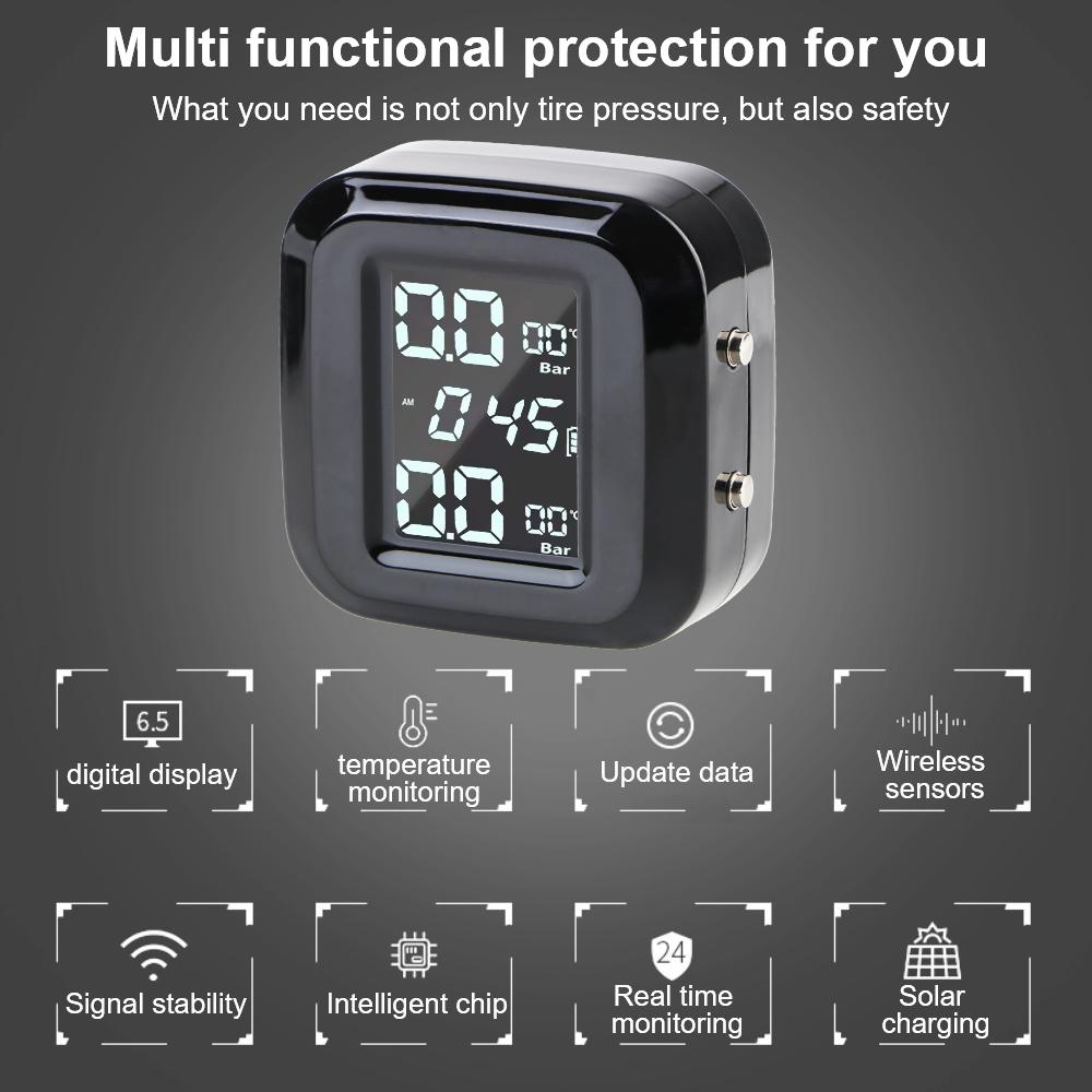 Motorcycle TPMS Tire Pressure Monitoring System 2 Sensors Solar USB Charger Digital Clock Security Alarm Motorbike Tyre Tester