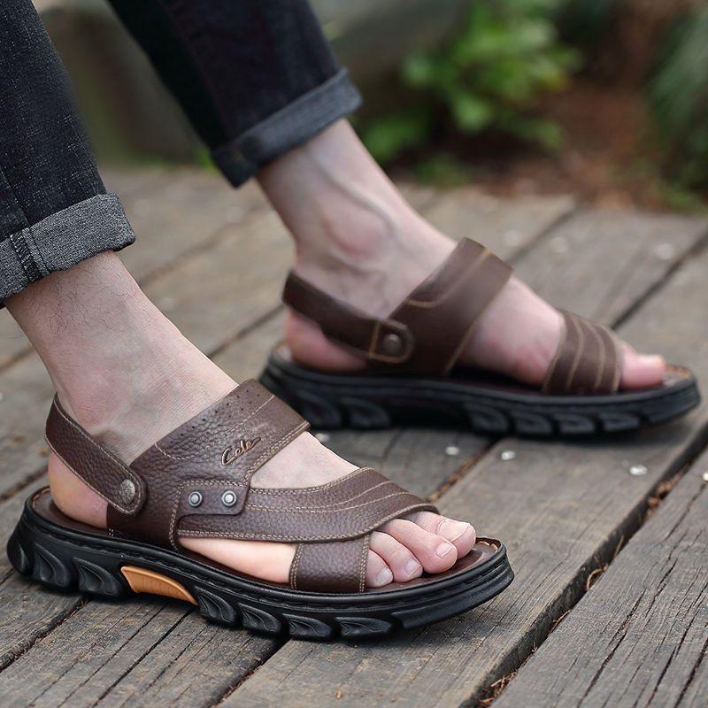 2024 Summer Shoes Men Sandals Genuine Leather Flat Non-slip Holiday Mens Footwear Soft Comfortable Black Brown D076