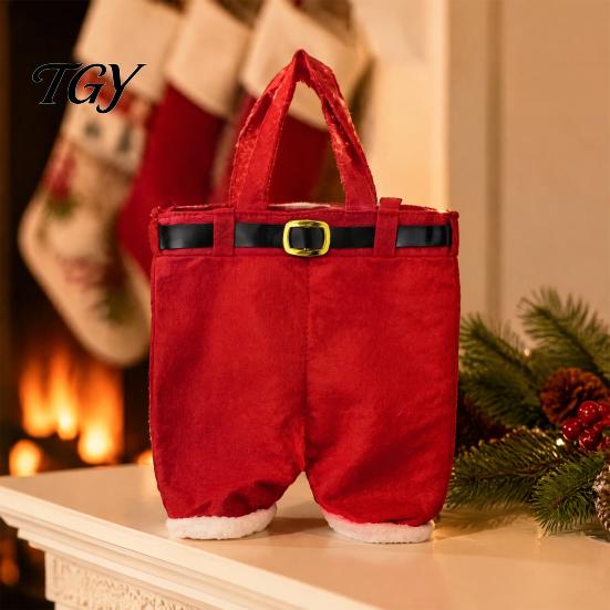 Santa Claus Pants Gift Holders Shaped Christmas Candy Bag, Large Wine Bottle Holder with Festival Pouches Handle, Holiday Treat Tote for Party