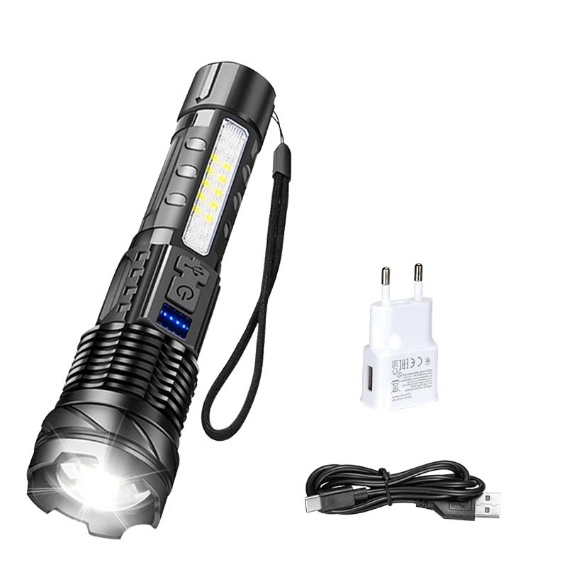 XHP50 High Power LED Flashlight Tactical COB Side Light Zoomable Torch Spotlight Rechargeable Waterproof Self-defense Flashlight