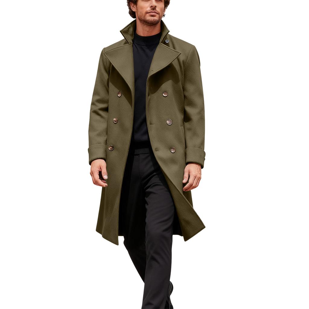 Men's British Solid Color Long Coat Fashionable Warm Woolen Overcoat