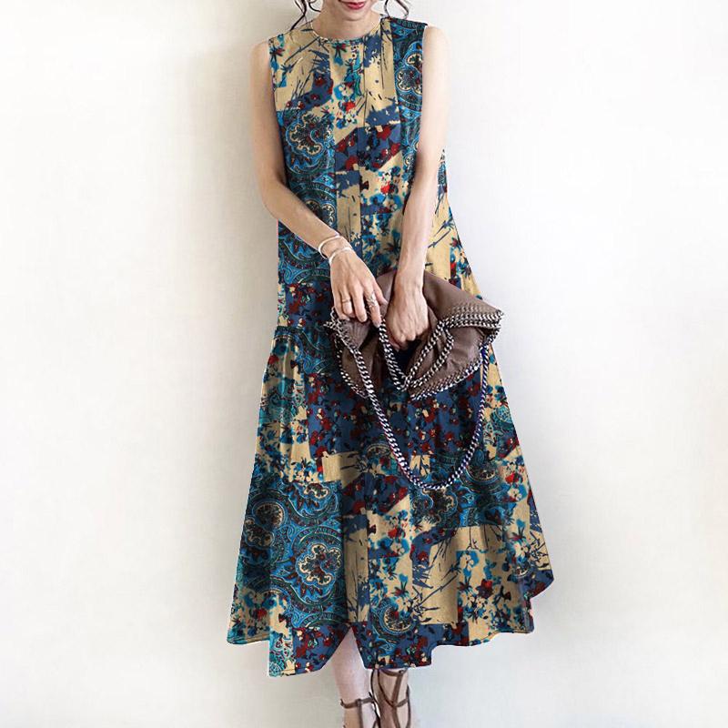 

ZANZEA Женское повседневное платье-майка без рукавов с круглым вырезом и летним принтом 4XL синий