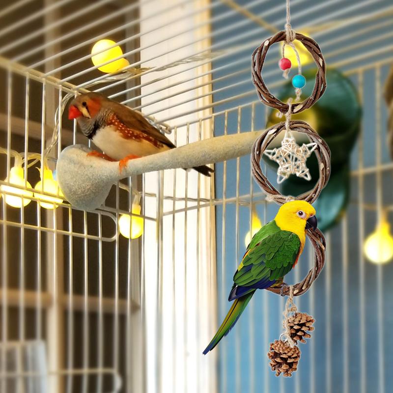 Ring Toy For Birds Large Bird Parrot Chewing Toy Swings Perches Fun Chew Toy With Star And Pinecone Bird Cage Hang Accessories