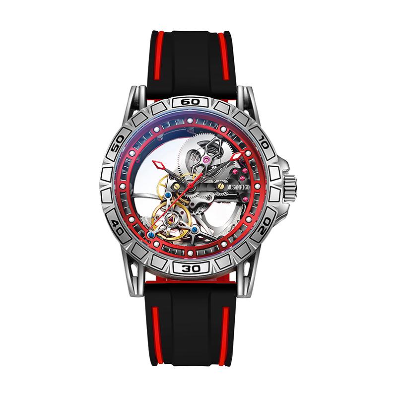 MUSANFIGO double-sided hollow men's fully automatic watch, silicone strap, mechanical movement men's night light waterproof fash