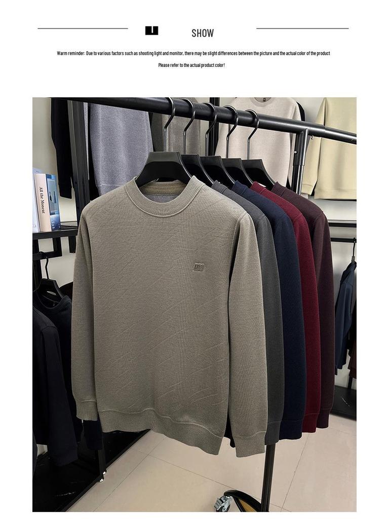 Men's Wool Knit Sweater with Fleece Lining - Thickened, Round Neck, Loose Casual Style, Warm Layer