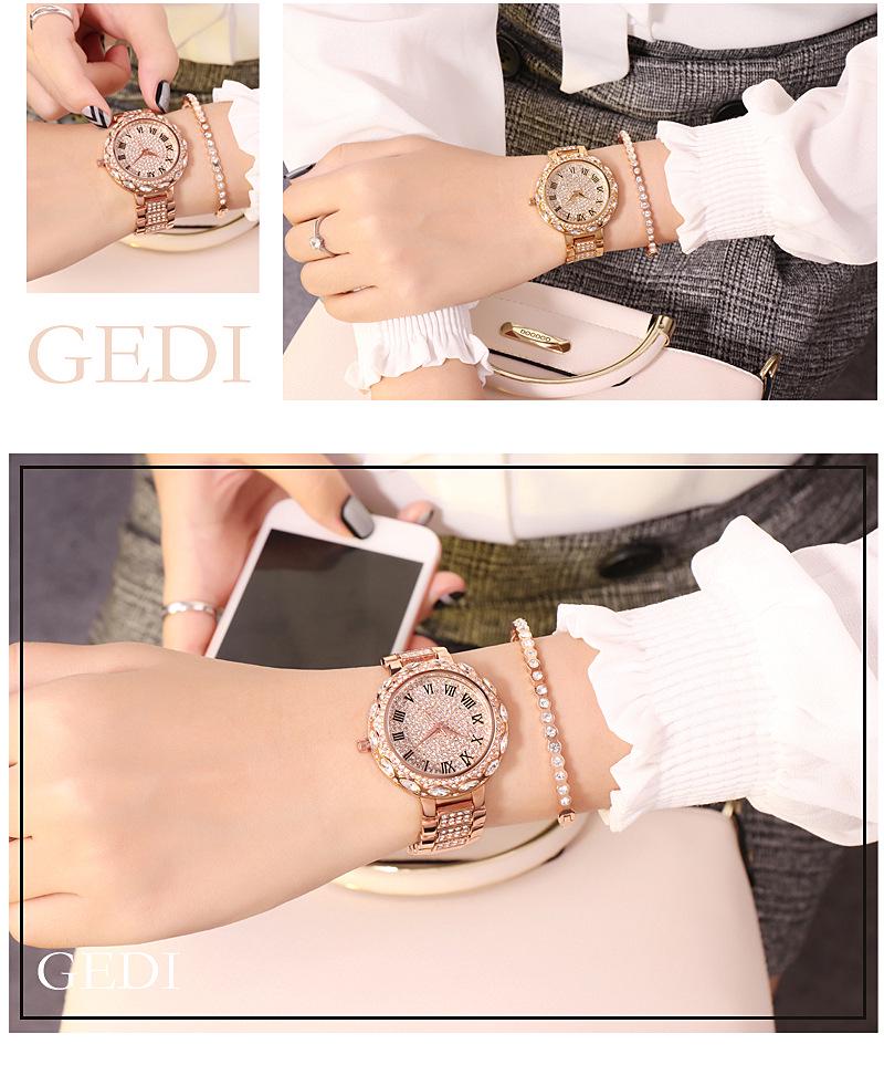 Gedi Luksusowy Zegarek Damski Kwarcowy Gwieździste Niebo z Diamentami, Wodoodporny Stalowy Pasek i Luminescencyjna Duża Tarcza.