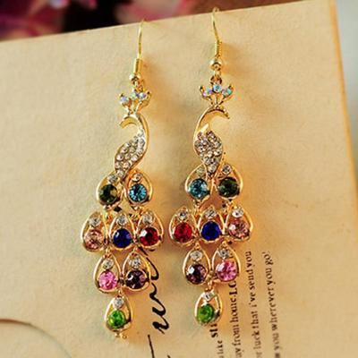 Kadınlar için Bohem Retro Çok Renkli Elmas Tavus Kuşu Küpeler