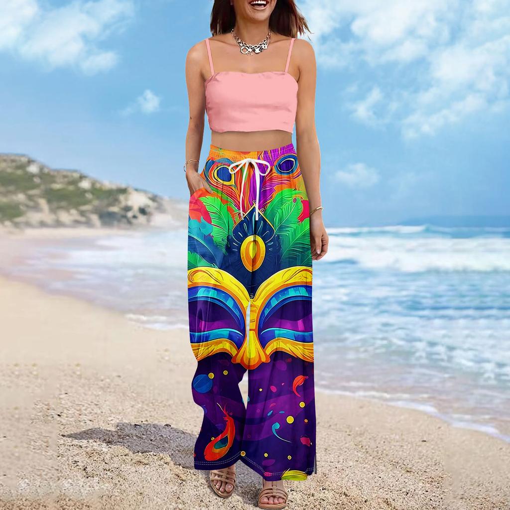 Women Summer Boho Palazzo Pants High Waist Wide Leg Printing Casual Trousers With Pockets
