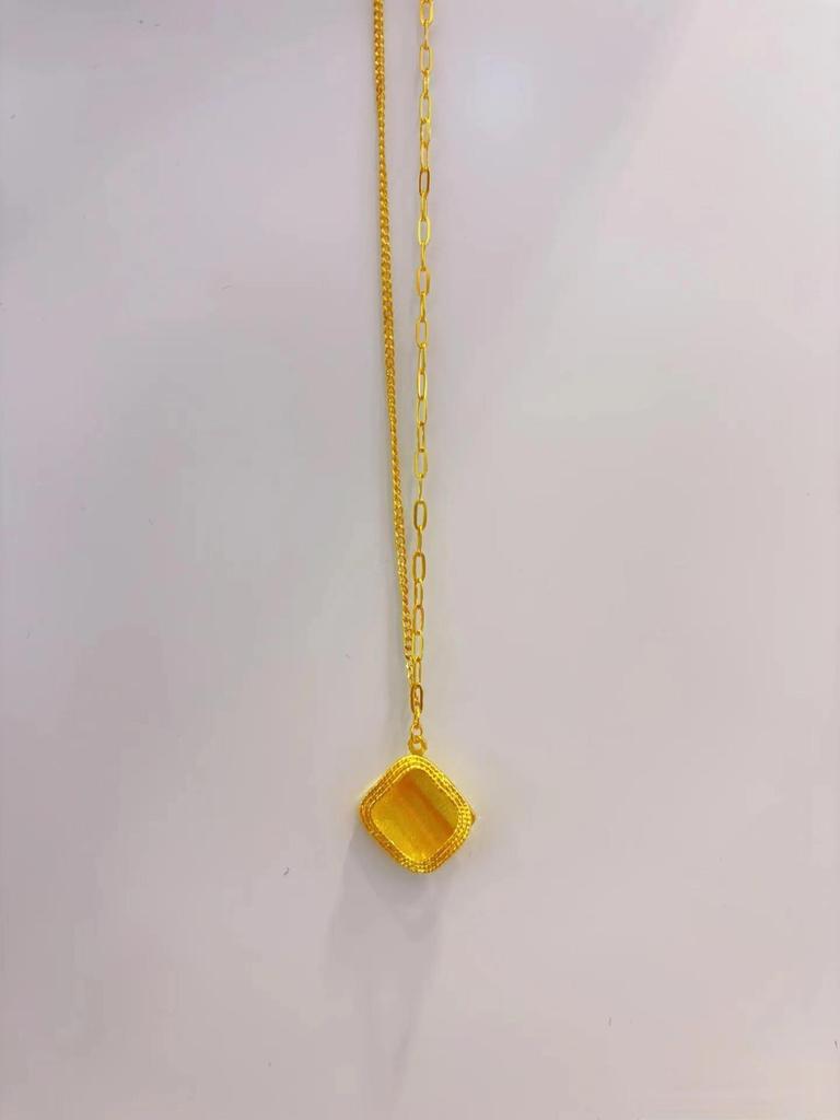 Zhou Family Small Yellow Sugar Cube Necklace with Gold Brushed Finish On Square Link Chain and Imitation Vietnamese Sand Gold Pendant