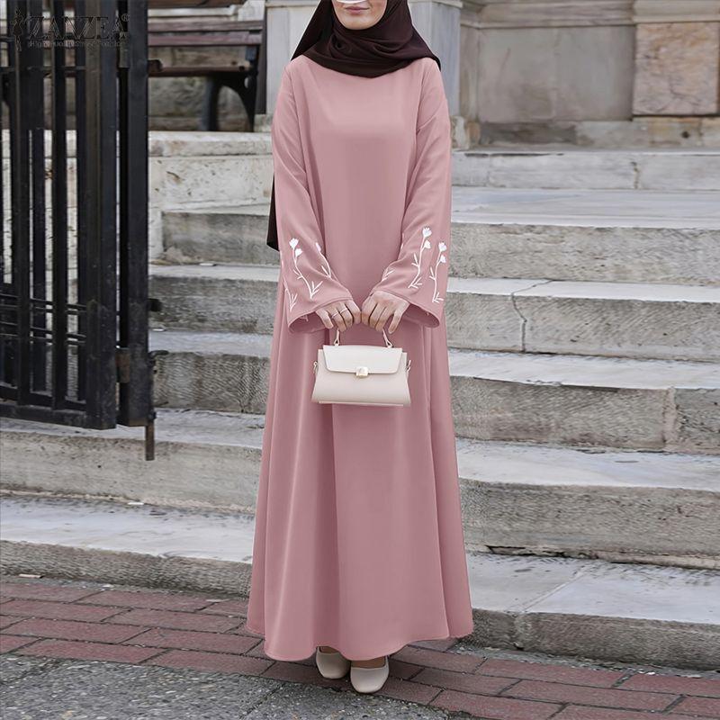ZANZEA Women Round Neck Casual Floral Embroidery Long Sleeve Loose Muslim Dress